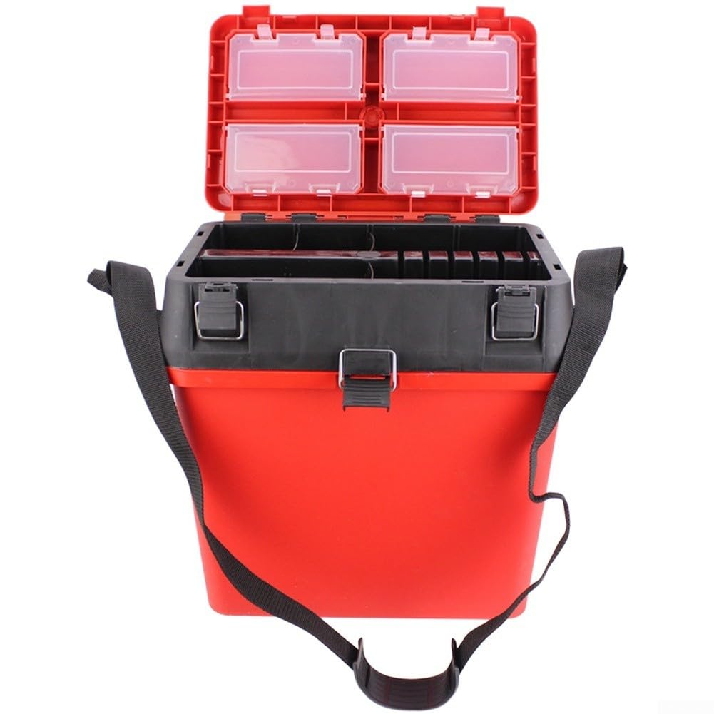 Caja de aparejos de pesca con correa de hombro ajustable, mochila de almacenamiento multicapa para equipo, 4 bandejas de accesorios y cubo inferior, caja de herramientas de asiento portátil para