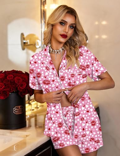 Image of Ekouaer Pajamas Set for Women Short Sleeve Sleepwear Button Down Pjs Soft 2 Piece Lounge Sets XS-XXXL