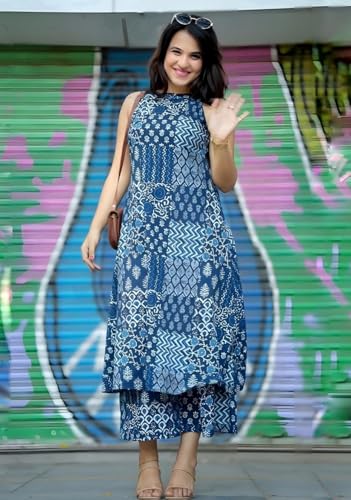 Image of Klosia Women Pure Cotton Kurta Palazzo Set | Sleeveless Printed Kurta with Palazzo Pants | Summer Friendly, Office Wear Co-Ord Set