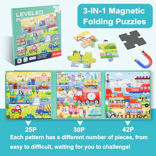 Image of ASTARON Magnetic Puzzles 97 Pieces Traffic Kids Educational Travel Toys | Folding puzzle book, each book contains 3 scenes, 3 difficulty levels, advanced puzzle book, easy to store, educational toy
