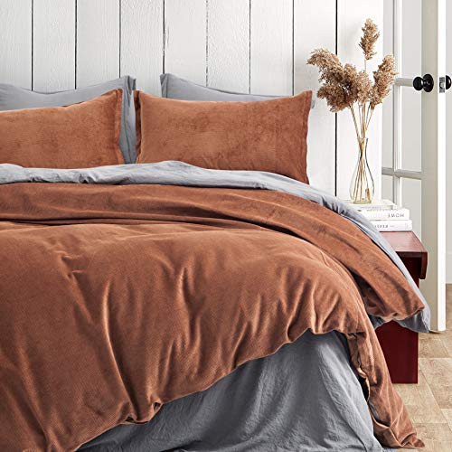 Eikei Pure Cotton Velvet Corduroy Duvet Cover Set Natural Fabric Casual Modern Style Bedding Ribs Striped Reversible Solid Color Relaxed Soft Feel (Terracotta, Super King)