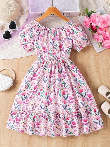 Image of Girl's Rayon Fabric V Neck Short Sleeve Flower Printed Knee-Length Dress for Summer Picnics & Daily Outings