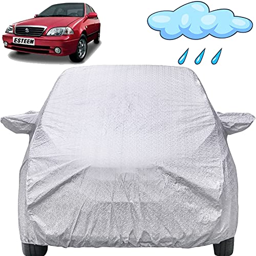 Image of Esteem Waterproof Car Cover with Mirror Pockets, Shinning Silver Design, Non Woven Fabric,Triple Stitched, Compatible with Maruti Esteem Car Cover (2004 to 2008), Esteem Car Accessories