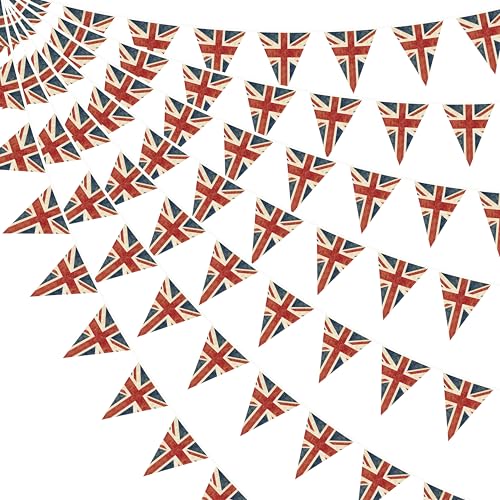 33Ft Vintage Union Jack Burlap Banner British UK Triangle Flag Party Decorations Retro Fabric United Kingdom Pennant Bunting for Football World Cup Kings Coronation VE Day Sports Royal Street Party