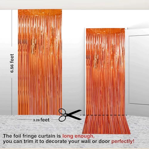 Image of 2 Pack 3.28 ft x 6.56 ft Orange Tinsel Curtain Party Backdrop Decorations, Metallic Foil Fringe Backdrop Door for Halloween, Christmas, Birthday Graduation Wedding Party Streamers Photo Backdrop.
