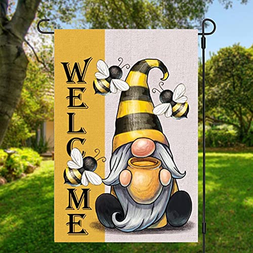 Gnome Spring Summer Decor Garden Flag for Outside 12x18 Double Sided Welcome Mini Hello Bee Gnomes Burlap Yard Garden Decorative Flags for outside 12x18 Gnomes Garden Decorations Autumn Garden Flag
