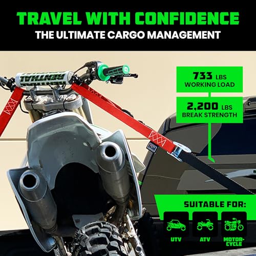 Image of Rhino USA Motorcycle Tie Down Straps (2 Pack) Lab Inspected 2,200lb Break Strength, Steel Cambuckle Tiedown Set with Integrated Soft Loops - Better Than a Ratchet Strap (Red 2-Pack)