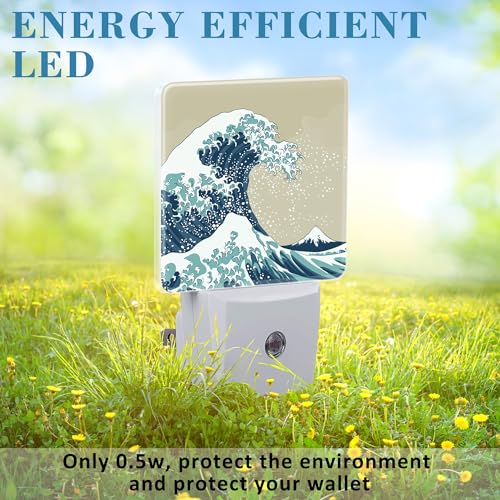 Image of Plug in Night Lights Japanese Great Wave Nightlight Plug Into Wall Dusk to Dawn Sensor LED Night Light for Kid Girls Boys Women Men Room Decor, Hallway, Kitchen, Bathroom, Nursery, Stairs