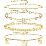 Gold Ankle Bracelets for Women Layered Beaded Heart Pearl 14K Gold Plated Anklet for Women Adjustabl