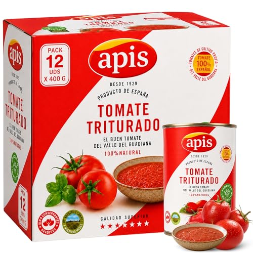 Tomate Triturado Apis, Tomate Natural en lata, Tomate 99.4%, sal y corrector de acidez, Sin Gluten, Producto Español, exquisito sabor, aroma y consistencia, Contiene 12 Latas de 400 gr
