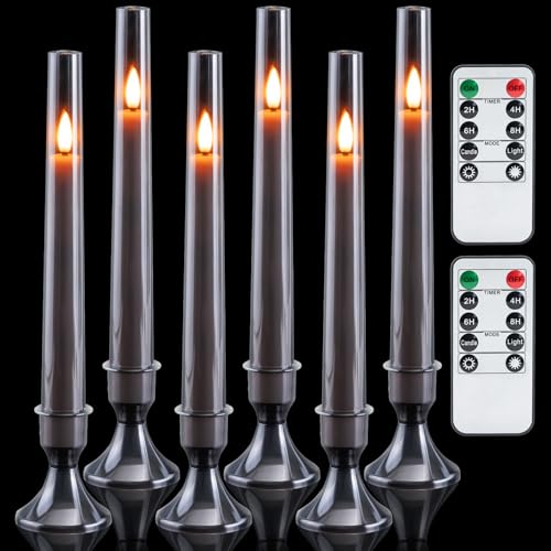 Homemory 6 Pcs Flameless Taper LED Candles with Remote and Timer 3D Wick Flickering Window Candles with 2 Light Modes Battery Operated for Xmas Wedding Decor 9.6 Inch Black