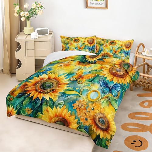Image of AILONEN Sunflower Floral Twin Size Comforter Set,Butterfly Bedding Sets for Girls,Women Bedroom Decor,Soft Microfiber 3-Piece,1 Quilt + 2 Pillowcase