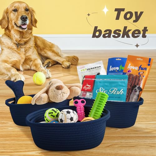 Image of Pro Goleem Small Woven Basket with Gift Bags and Ribbons Durable Baskets for Gifts Empty Small Rope Basket for Storage 12 inchX 8 inch X 5 inch Baby Toy Baskets with Handles, Navy Blue