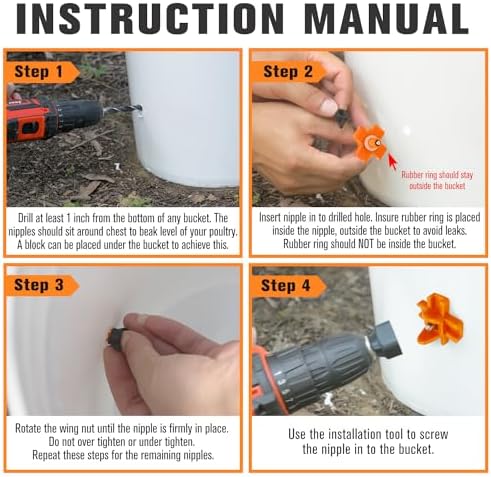 Whimsii Chicken Waterer Nipples, Pack of 15 (Orange), Horizontal Side Mount, Anti-Leak Automatic Water System for Poultry, Suitable for Chickens, Duck, Quail, Includes Drill Bit & Installation Tool — view 3