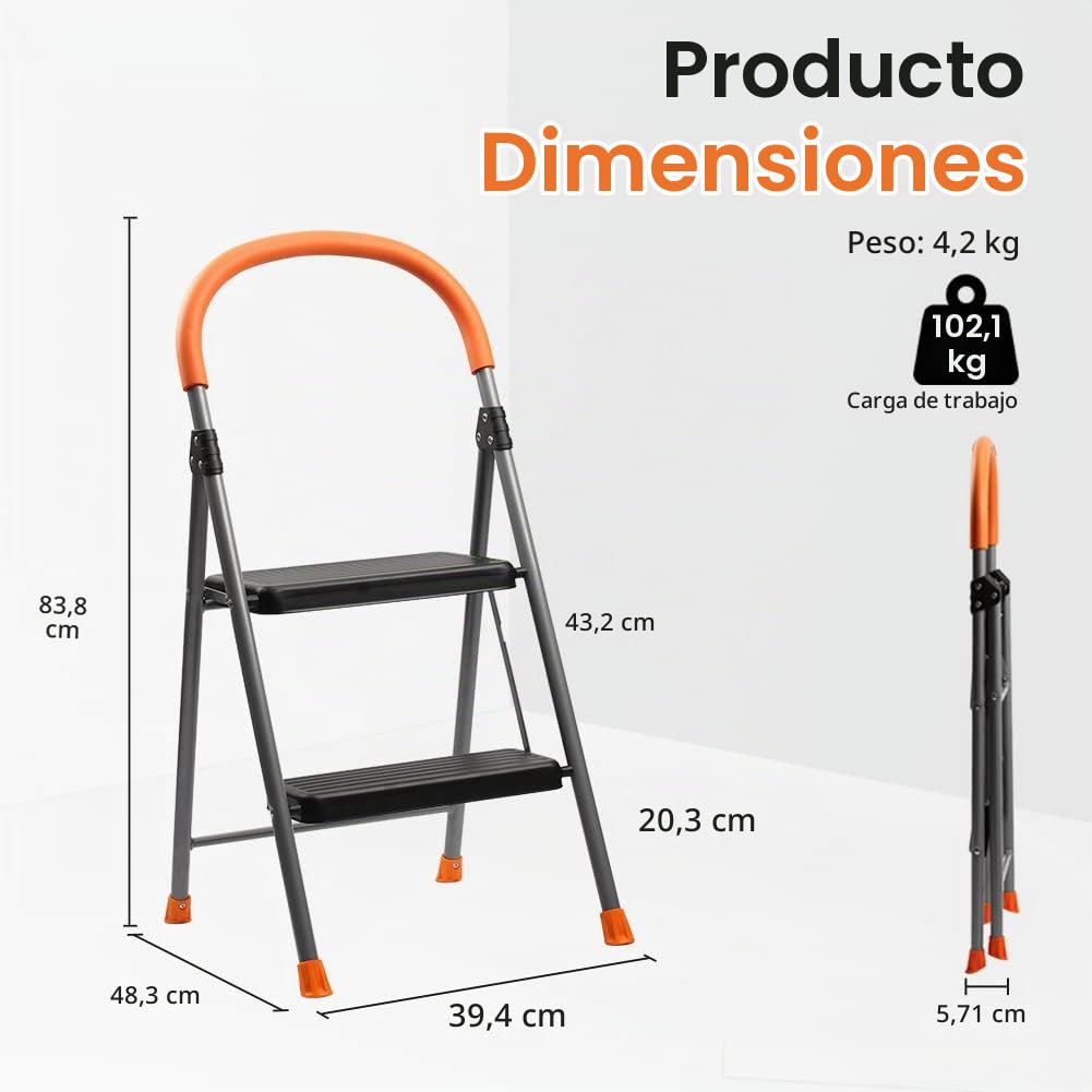 TreeLen Escalera de 2 peldaños, Taburete metálico Plegable para Adultos, Escalera portátil de Acero para Uso intensivo, peldaños Anchos Antideslizantes, Ligera y Resistente