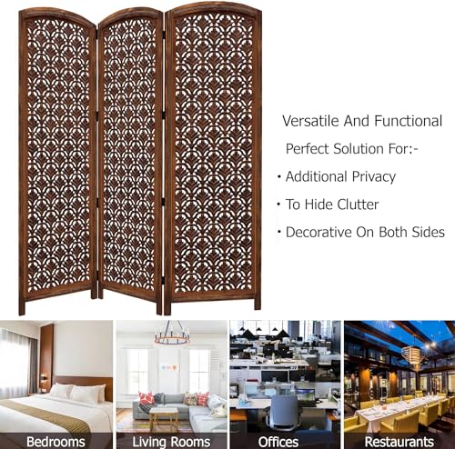 Image of Classic Wood and Craft Wooden Room Divider Partition for Living Room, Privacy Partition, Partition Wall, Divider for Makeup Studio /Office (3 Panels - Taj Design)