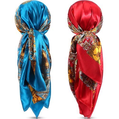 SATINIOR 35 Inch Silky Head Scarf 2 Pcs Large Square Neck Scarf Sleeping Hair Wrapping Satin Bandana for Women(Red, Blue,Charming Style)