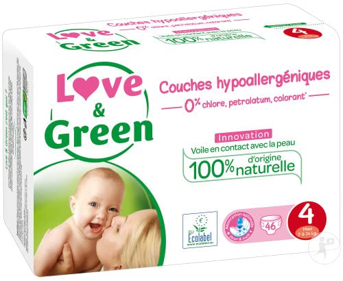 Love & Green - Pañales hipoalergénicos innovación, tamaño 4 (7-14 kg) x 46 (juego de 2 es decir, 92 capas)