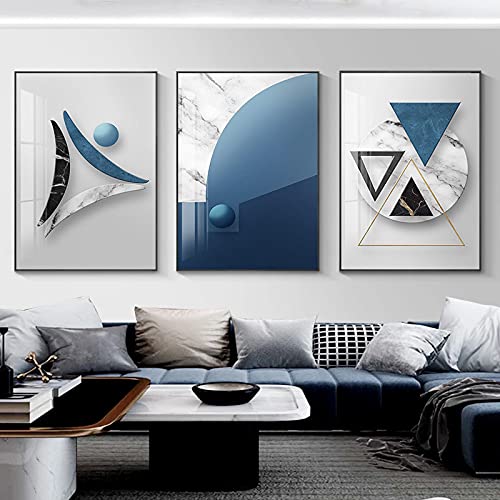 Toile bleu marbre pour raviver un mur vide, grand triptyque géométrique abstrait 60x90cm