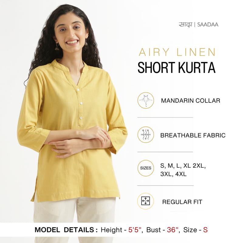 Image of SAADAA Women Short Kurti Airy Linen Regular Fit Kurta with 3 /4th Sleeves, Mandarin Collar, Side Slit Perfect for Casual, Formal, and Ethnic Wear