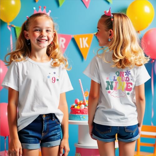 Image of 9th Birthday Shirt Girl On Cloud Nine Graphic Tee 9 Year Old Birthday Party T-Shirt Girl Summer Short Sleeve Top