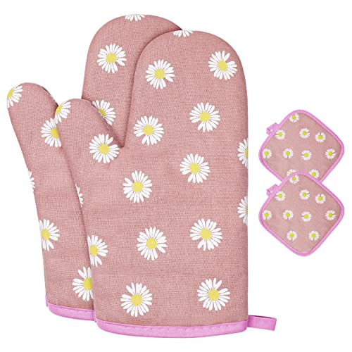 Auauy 1 Par Manoplas Horno, Algodón Antideslizante Cotton Guantes Cocina, Oven Gloves Resistente Al Calor Para Hornear Cocinar Barbacoa Microondas Con 2 Manteles Aislados Rosa