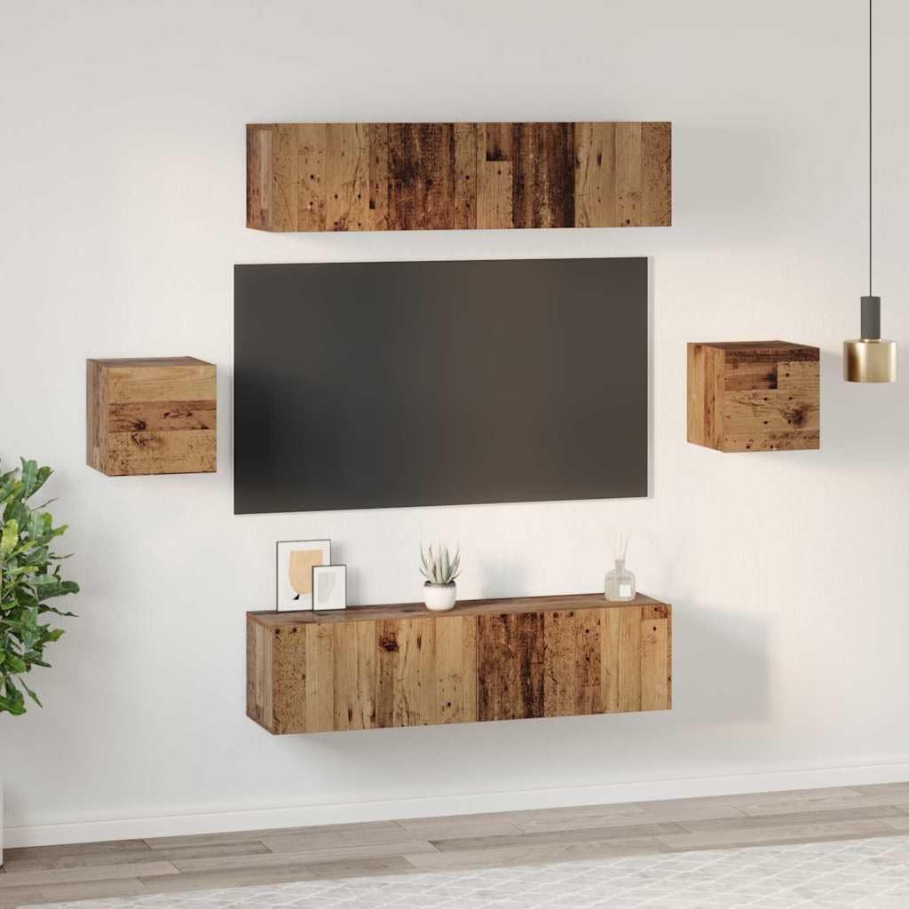 TV-Schrankset Wandmontiert 6-teilig, Altholz Holzwerkstoff, Modernes Media-Center für Wohnzimmer, Robuste TV-Konsole mit Türen und Regalen