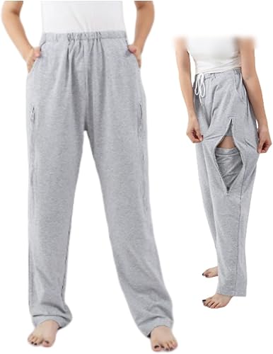 Pantalones de catéter para hombres y mujeres, pantalones con soporte para bolsa de pierna de orina con bolsillos dobles con cremallera para dos