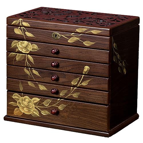 Xloverise Hand-painted rose Wooden Jewelry Box, 7 Layer Jewelry Organizer, Vintage Wooden Jewelry Boxes for Women,jewelry holder organizer,5 drawer dresser,necklace organizer box with lock