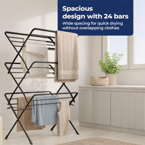 Image of Lifelong Foldable Alloy Steel Cloth Drying Stand for Balcony|3-Tier Heavy Duty Laundry Rack for Indoor & Outdoor|Portable Standing Clothes Dryer with Anti-Slip Feet|Space Saving Steel Rack for Home