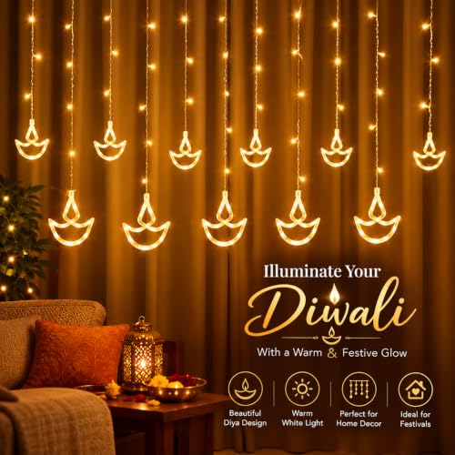 One94Store 12 Diya Curtain String LED Lights – 3 WW Diya Curtain - Image 6