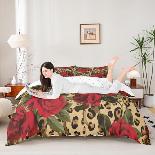Housse de couette léopard imprimé rose en microfibre résistante avec 3 pièces Manfei - 4