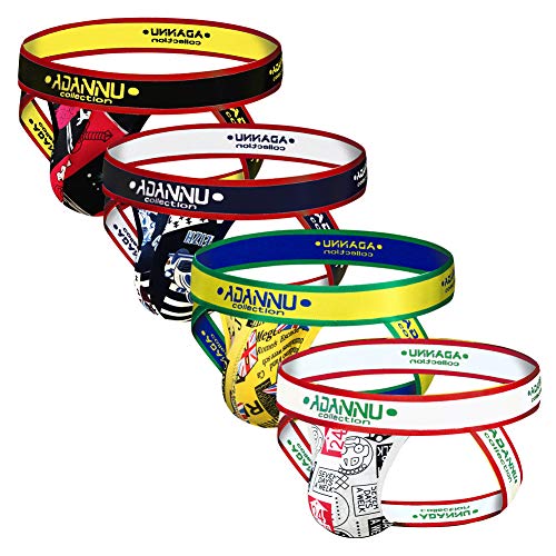ADANNU Men's Jockstrap Athletic Supporters Micro Fiber Pouch 4-Pack Cartoon Jock Strap Athletic Underwear (Medium 27.5''-30''/71cm-76cm)