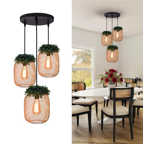 Image of Groeien 3-Light Industrial Gold Finish Metal Mesh Leaf Hanging Pendant Ceiling Lamp Fixture | Chandelier for Home, Indoor, Outdoor,Living Room, Bedroom(Bulb Included)