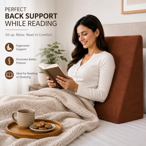 Image of Wedge Pillow for Bed | Back & Neck Support Pillow for Sleeping & Reading | Bed Wedge Pillow for Acid Reflux, Back Pain & Legs Elevation | Pregnancy Support Pillow with Comfortable Foam - Brown