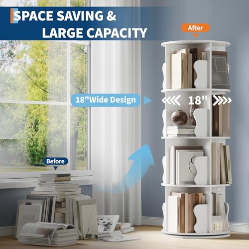 GarveeHome 4 Tier Rotating Bookshelf Tower, Spinning Corner Bookshelf for Small Spaces, Revolving 360° Bookcase Storage Rack Tower, Vertical Rotate Turning Spiral Wood Book Shelf Organizer, White