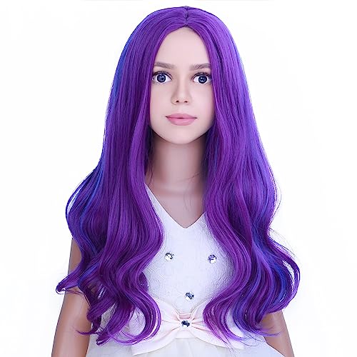 Image of PATTNIUM Blue Purple Wig Kids Wig Long Wavy Wig Child Size Heat Resistant Synthetic Hair Wigs Girls Cosplay Costume Wigs (Blue Purple)