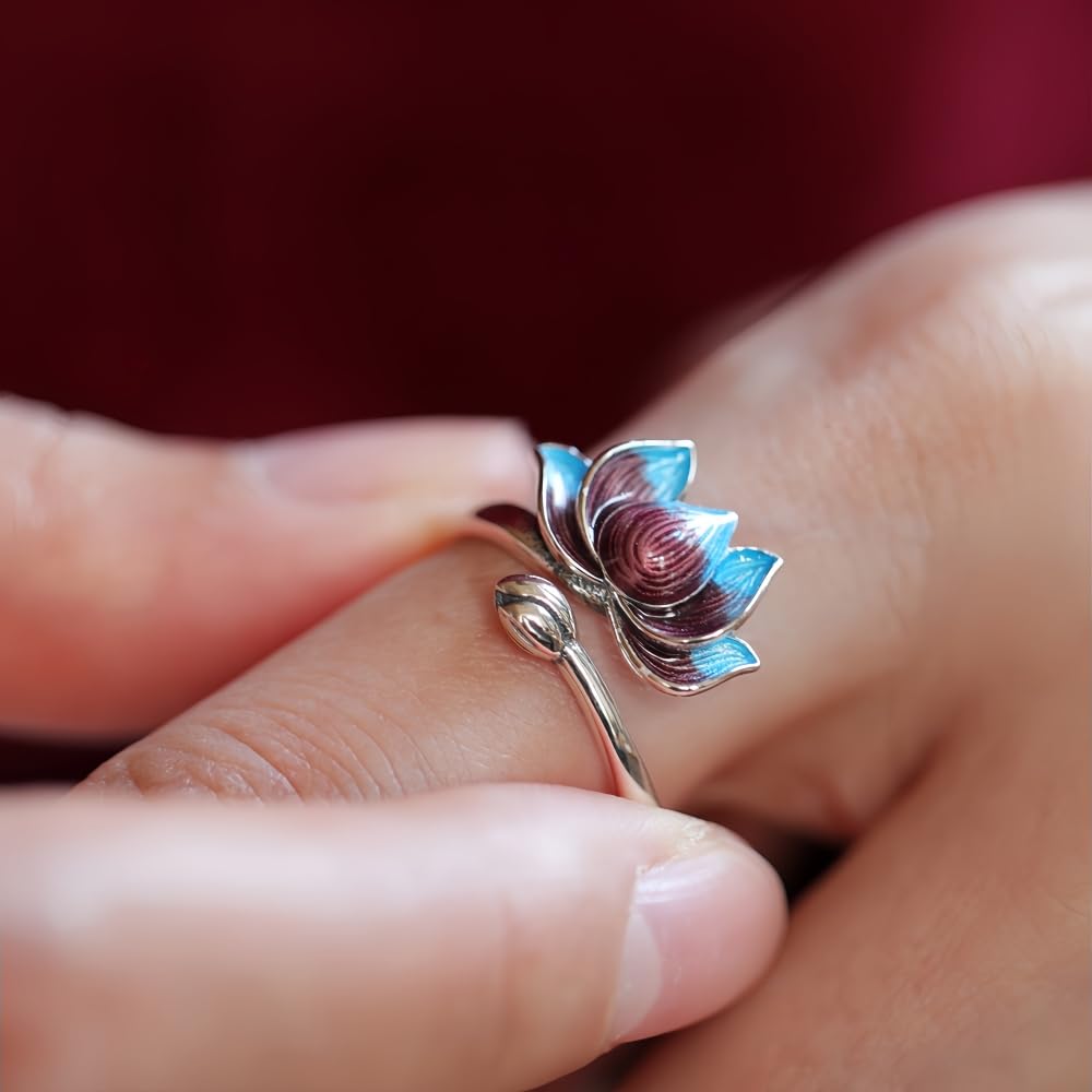 Bague fleur de lotus émail en argent sterling 925 pour femmes filles ouverte réglable