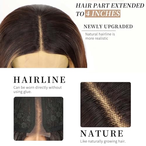 Image of AISI HAIR 【Beginner Friendly Wigs Brown Highlight Wig for Women, Long Wavy Lace Hairline Middle Part Synthetic Heat Resistant Wig for Daily Party-26 Inch