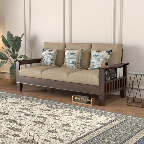 Image of Solid Sheesham Wooden Sofa 3 Seater | 3 Person Sofa for Living Room | Elegant 3 Seater Sofa Set for Home & Office Furniture (Joren Walnut, 3 Seater)