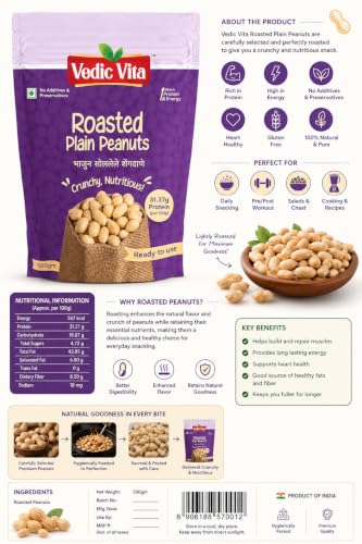 Image of VEDIC VITA Roasted Peanuts - 500 GM | Unsalted Skinless Peanuts | 31.37g High Protein | Ready to Cook & Eat | Natural, Crunchy, Nutritious Whole Peanuts for Poha, Chutney & Snacks (2, Pack of 2)