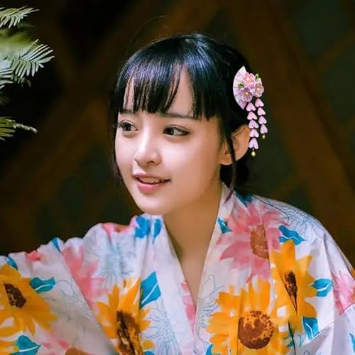 Pinza con borla japonesa para cabello en forma de abanico rosa miniatura 4