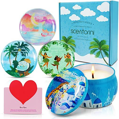 SCENTORINI Bougies Parfumées Coffret Cadeau Bougies à la Cire Végétale, 120h, Série de Vacances d'Été sur l'Île (Santorin, Maldives, Bahamas, Hawaï)