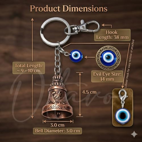 Image of OTTAVO Premium Guardian Bell Keychain for Bike & Car | Tibetan Texture Bell Keychain with Evil Eye & Silver Hook | Good Luck Charm with Laser-Engraved Wooden Gift Box
