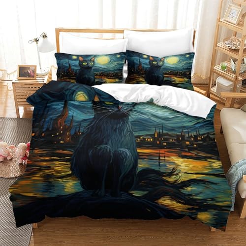 Juego de Funda Nórdica 3D Impresa Gato Negro Estrellado Microfibra 3 Piezas para Adultos Jóvenes, Decoración Dormitorio, Ropa de Cama Suave Transpirable Double（200x200cm）