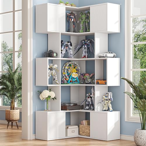 Image of kepptory L-Shaped Corner Cube Bookshelf, 6-Tier Display Book Shelf | Freestanding Bookcase Open Rack for Collectibles, Model Figures, Toys, Books, Decor Display, Living Room Gaming Room, White