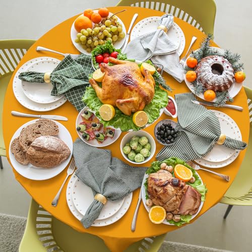 Image of 16 Pack Orange Plastic Tablecloths for Round Tables, Premium Decorative Orange Disposable Table Covers for Parties, Round Party Table Cover for Fall Autumn Birthday Thanksgiving Graduation, 84 Inch