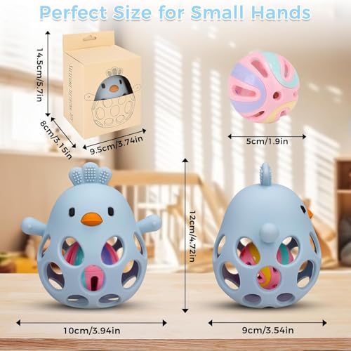 Image of Baby Teething Chick Toy, Upgraded Easy Grasp Silicone Teething Rattle Ball Toy for Babies Over 3 Months, 100% Food Grade, Gift for Infant Boys and Girls 0-6-12 Months (Blue)