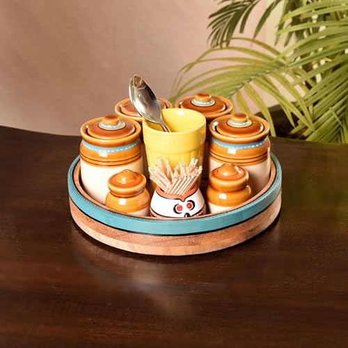Image of AAKRITI ART CREATIONS Traditional Granny Pickle Tray Set | Ceramic Achar ki Barni & Mukhwas Box | Includes Teak Wood Tray & Utility Holders | Handcrafted Traditional Storage Jar for Spice & Pickle