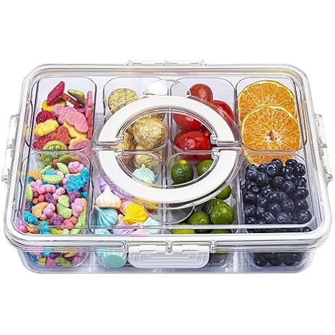 Bandesun Divided Serving Tray with Handle, 8 Compartments Snack Box for Candy, Nuts, Cookies, Fruit, Snacks, Party Favor, Wedding, Home Decor -clear Cover